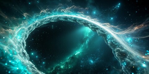 Celestial ring of teal and white nebula with distant stars in a dark cosmic expanse abstract background. 3d render