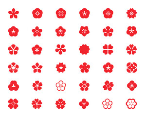 A large collection of traditional red plum blossom icons in various shapes and styles, representing Japanese and Chinese floral motifs and springtime.
