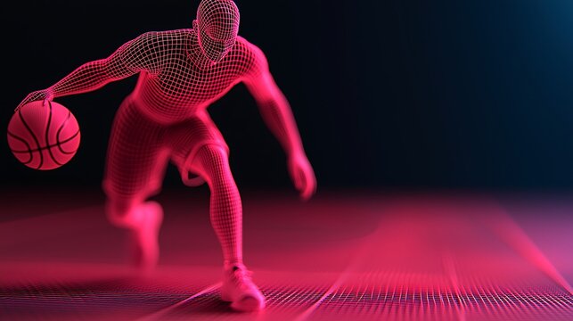 A stylized digital rendering of a basketball player in motion, highlighted with neon colors against a dark background.