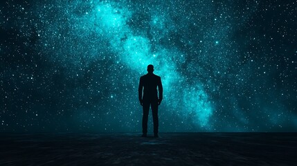 A silhouetted figure stands against a vibrant starry sky, evoking a sense of wonder and exploration in the vast universe.