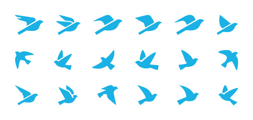A collection of flying bird silhouettes and icons in various postures and angles, representing freedom, nature, peace, and flight.