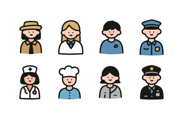 A collection of diverse professional avatar icons, representing various occupations such as a doctor, police officer, chef, and business person.