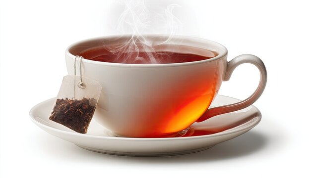 Hot tea in a white cup, steaming.  Tea bag visible