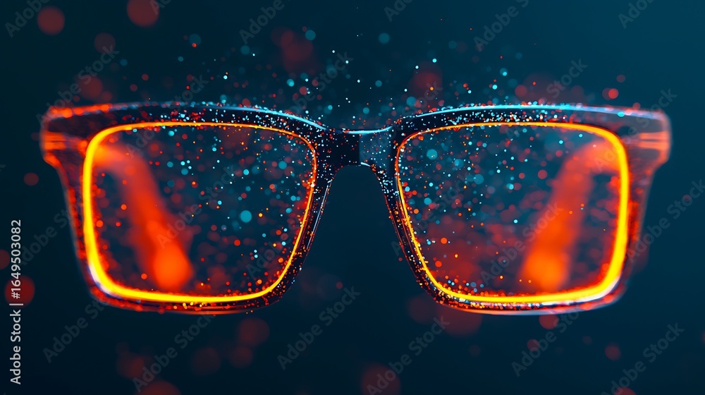 Poster a pair of stylish, illuminated eyeglasses surrounded by colorful particles and a soft-focus backgrou