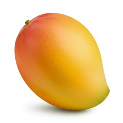 Ripe mango with brilliant red to yellow gradient coloring and small green stem isolated on white for tropical fruit advertising