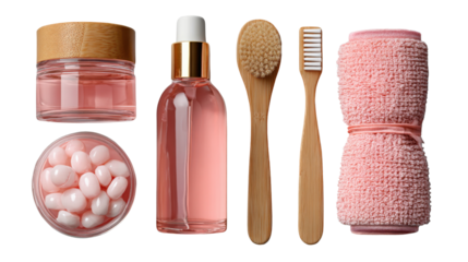 Spa Essentials: An overhead shot of essential spa day or bath time items, showcasing products for self-care and relaxation with a clean aesthetic.