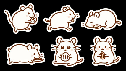 A set of cute cartoon mice and hamsters in various poses, featuring a simple line-art style with a white sticker outline on a black background.