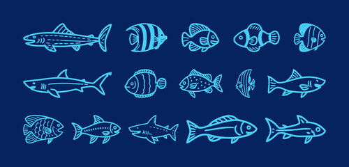 A collection of various blue fish icons in a hand-drawn, line art style, including sharks and tropical fish, on a dark blue background.