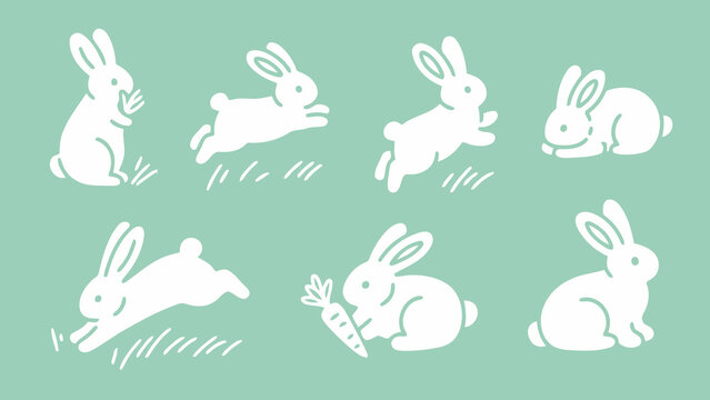 A cute and simple collection of white rabbit icons in various poses, representing animals, nature, and a playful aesthetic.