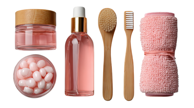 Spa Essentials: An overhead shot of essential spa day or bath time items, showcasing products for self-care and relaxation with a clean aesthetic.