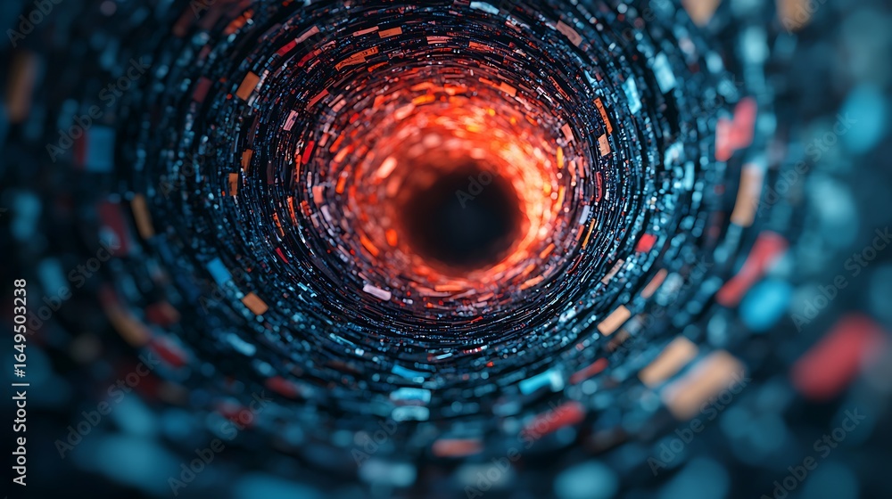 Poster an abstract view of a swirling vortex, composed of vibrant colors and shapes, creating a sense of de
