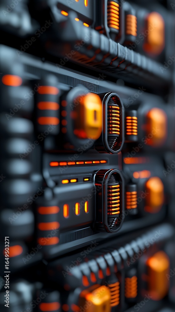 Poster a close-up view of a high-tech server with intricate orange and black detailing, emphasizing modern 