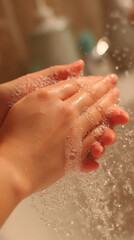 Fototapeta premium Hand washing with soap bubbles under running water for hygiene