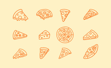 A collection of hand-drawn vector illustrations of different pizza slices and a whole pizza, perfect for food-related design projects.
