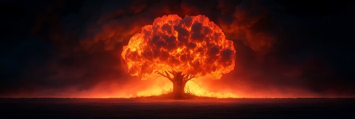 A fiery tree bursts into flames, surrounded by smoke, creating a dramatic scene of destruction and intensity.