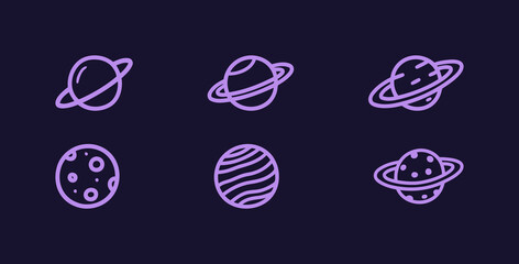 Set of simple purple line art icons of various planets, including Saturn and other celestial bodies with distinct patterns, against a dark background.