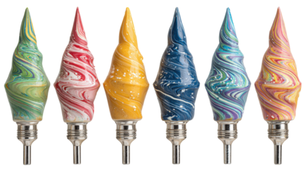 Pastry bags with nozzles filled with multicolored glaze isolated on a white background