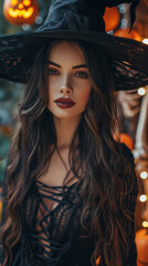 Enigmatic woman wearing a black witch hat and dark attire, surrounded by glowing pumpkins and Halloween decorations, embodying the spirit of the spooky season with an enchanting gaze