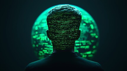 A silhouette of a person with a digital, code-like pattern overlaying their head, set against a glowing, abstract background.
