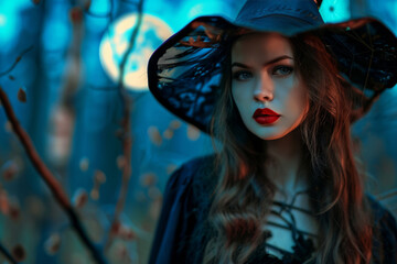 Enigmatic woman in a dark witch costume with a wide-brimmed hat stands in a mystical forest, illuminated by moonlight, creating an enchanting Halloween atmosphere