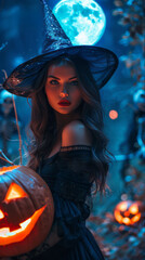 Enigmatic woman wearing a witch hat holds a carved pumpkin in a mystical forest, illuminated by a full moon, creating an enchanting Halloween atmosphere with glowing jack-o'-lanterns