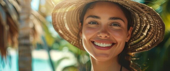 Smiling woman with long dark hair wearing a straw hat, enjoying a sunny day outdoors surrounded by tropical plants and a serene beach in the background, radiating happiness and warmth