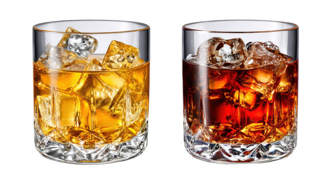 Amber Spirits in Elegant Glassware: A captivating high-angle composition of two exquisite glasses, each filled with a rich amber liquid and gleaming ice cubes, exuding a sense of refined taste.