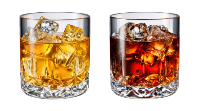 Amber Spirits in Elegant Glassware: A captivating high-angle composition of two exquisite glasses, each filled with a rich amber liquid and gleaming ice cubes, exuding a sense of refined taste.