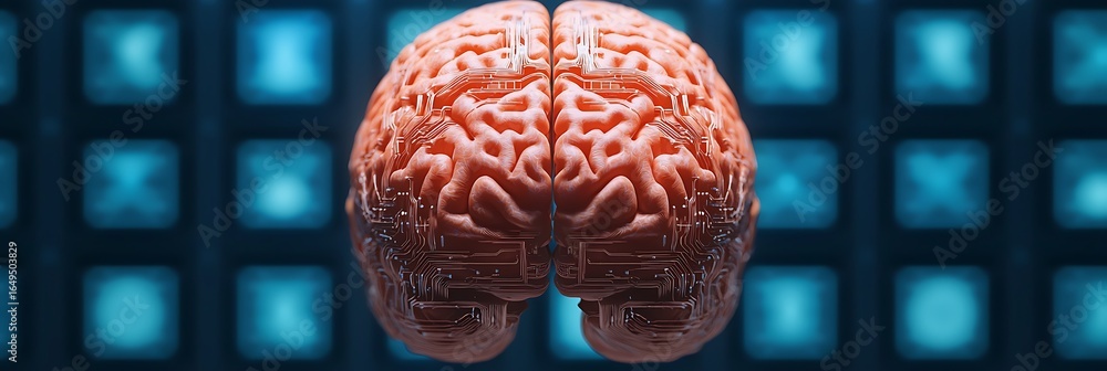 Poster a 3d-rendered brain with digital circuitry, symbolizing the intersection of biology and technology a