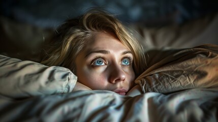 Young woman with blonde hair is lying in bed, surrounded by soft blankets, gazing thoughtfully at the ceiling, reflecting on her thoughts and emotions in a cozy atmosphere