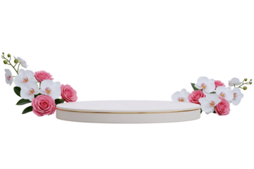 A beige podium with a gold base, decorated with beautiful arrangements of pink and white flowers. This delicate and romantic scene is isolated on a white background, great for cosmetic displays.