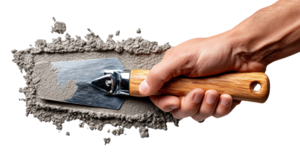 Construction Hand with Trowel: A close-up shot captures a hand skillfully wielding a trowel to apply a layer of fresh, textured cement or plaster on an industrial scene, focusing on craftsmanship.