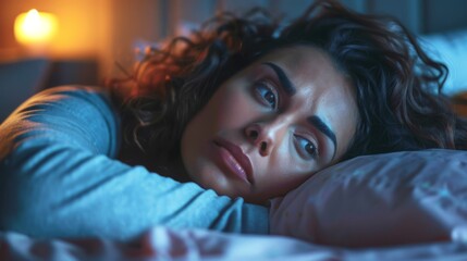 Woman with curly hair lying on bed, gazing thoughtfully into distance, soft candlelight illuminating her face, creating a serene and contemplative nighttime atmosphere