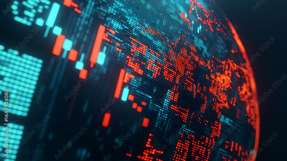 Poster a digital globe illuminated with vibrant blue and orange lines, representing data flows and global c