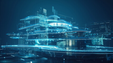 Futuristic architectural design featuring a holographic building illuminated with blue neon lights, showcasing innovative technology and modern aesthetics in a digital landscape