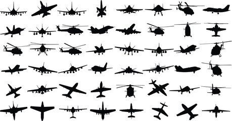 Military aircraft and helicopter silhouettes, fighter jets, warplanes, aviation icons, black vector shapes, combat helicopters, war aircraft design, flight symbols, transport planes
