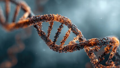 A burnt orange DNA helix, close-up.  Detailed molecular structure,  subtle bokeh background