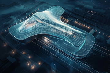 Futuristic architectural design of a large building with a transparent structure, illuminated at night, showcasing innovative urban planning and modern engineering concepts