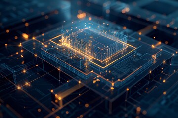 Abstract digital illustration of a microchip with glowing circuitry and data connections, showcasing advanced technology and innovation in a futuristic environment