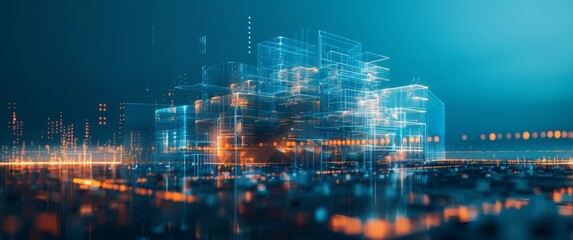 Futuristic digital cityscape with glowing lines and transparent structures, showcasing advanced technology and innovation in a vibrant urban environment with a dynamic atmosphere