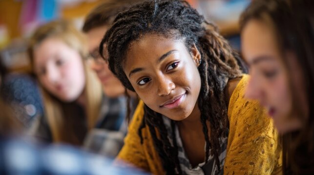 Focused high school student with dreadlocks listening attentively during a class discussion, engaging with classmates and the learning process