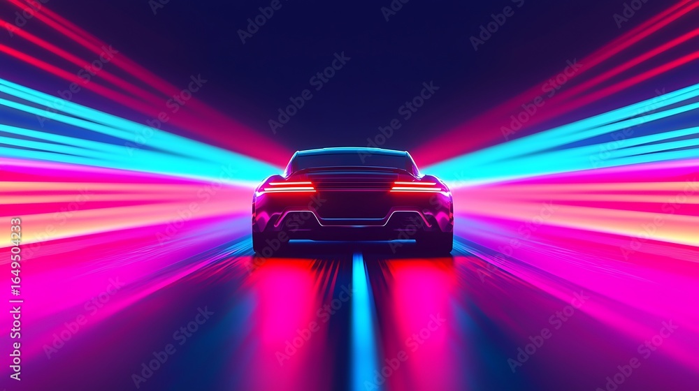Poster a futuristic car speeds through vibrant neon lights, creating a dynamic and colorful display of moti