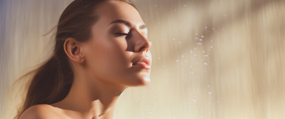 Beautiful woman with closed eyes, enjoying a refreshing water mist, illuminated by soft light, creating a serene and tranquil atmosphere, embodying relaxation and self-care