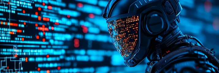 A futuristic astronaut in a high-tech helmet stands against a backdrop of glowing digital code, embodying themes of technology and space exploration.