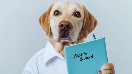 Dog with glasses holds small blackboard with "Back to School", creating back-to-school season theme scene