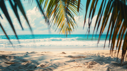 Tropical beach scene with golden sand, gentle waves, and palm trees framing the view, creating a serene atmosphere for relaxation and escape from daily life