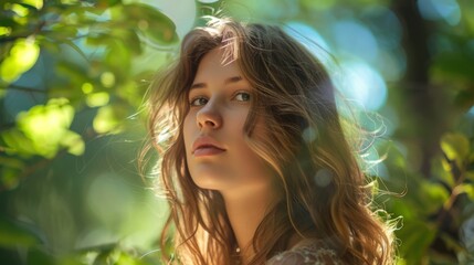 Young woman with long hair gazes thoughtfully amidst lush green foliage, illuminated by soft sunlight, capturing a serene moment in nature's embrace