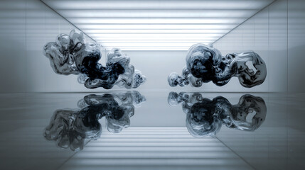 Abstract futuristic symmetrical design with two large glass sculptures, one on each side of the frame, with organic shapes and black smoke reflections floating in an empty white room.