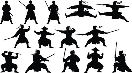 Samurai silhouette, traditional Japanese warrior, martial arts pose, sword fighting action, combat stance, ninja style, dynamic movement, Adobe Stock image