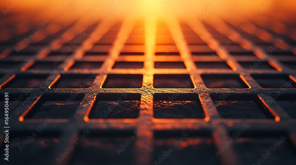 Poster a textured surface with a grid pattern, illuminated by a warm sunset glow, creating a striking visua